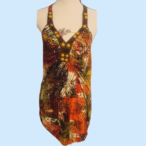 Dots Brown Multi Color V-Neck Beaded Halter Tunic Top NWT - Picture 2 of 9